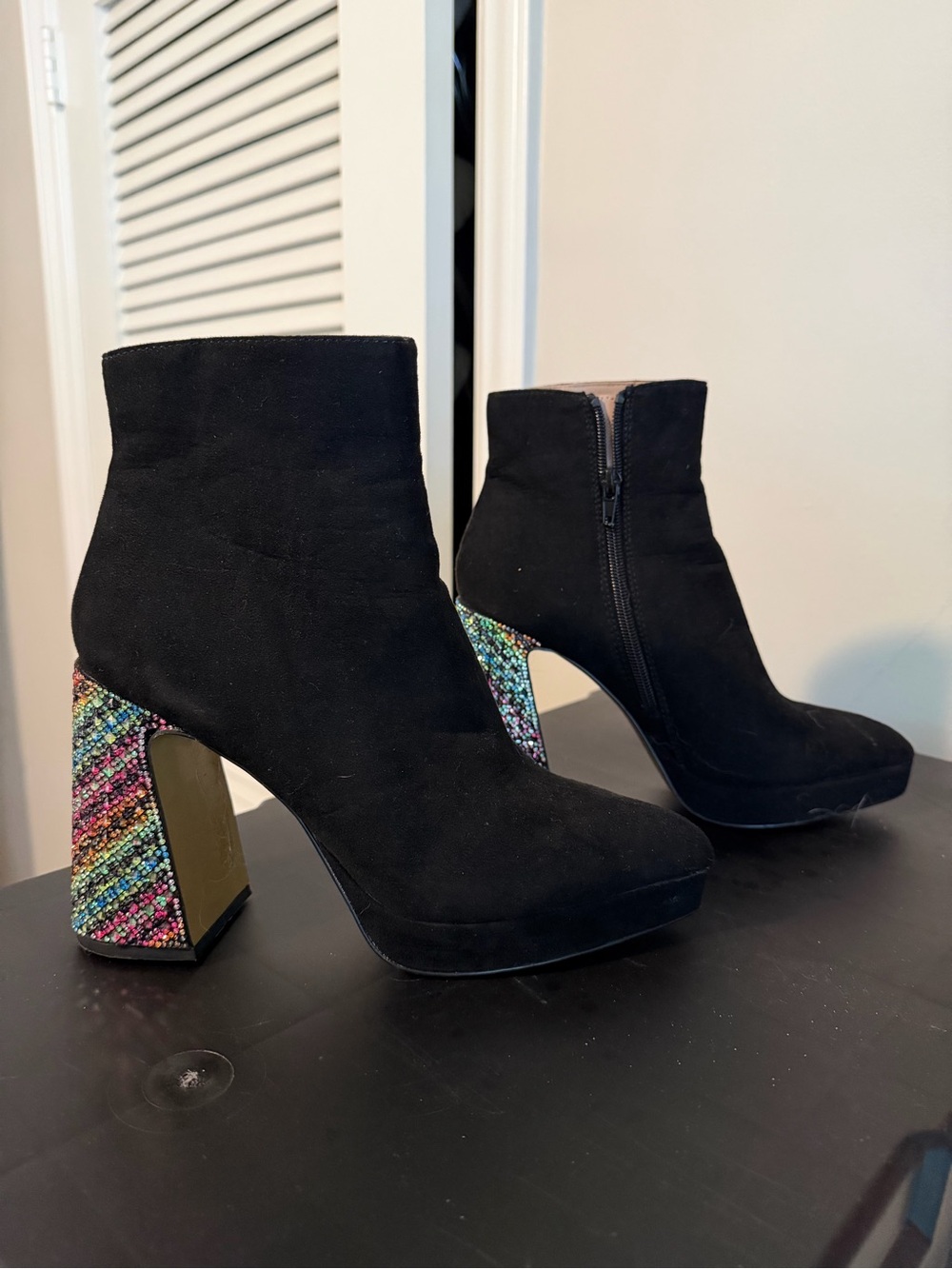 Betsey Johnson Black Suede Ankle Booties with Multicolor Embellished Block Heel